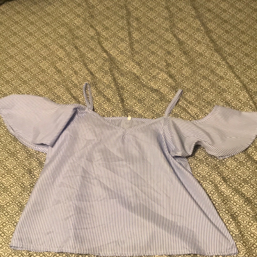 Blue and White striped cold shoulder top